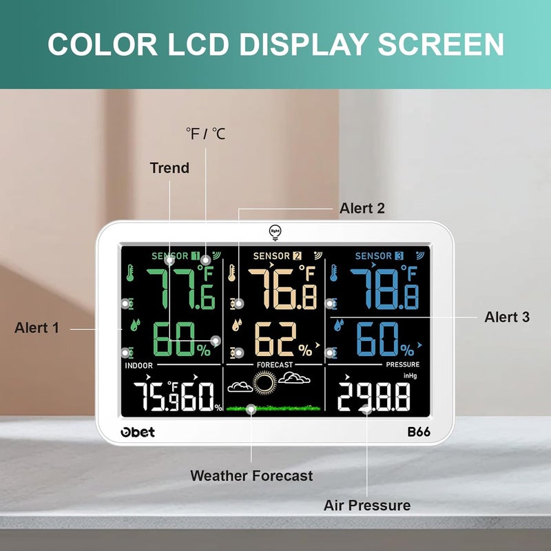 OBET Weather Station Wireless Indoor Outdoor Thermometer with 3 Sensors, Temperature Humidity Monitor with Alerts 500ft Range and 3 Adjustable Brightness White - Image 2